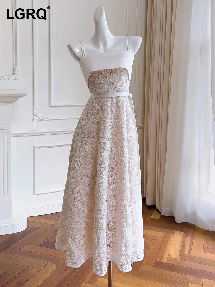 

LGRQ Women's Dress Lace Embroidery Spliced Strapless Fashion Slash Collar High Waist Elegant Dresses Female Summer 2024 3WM790