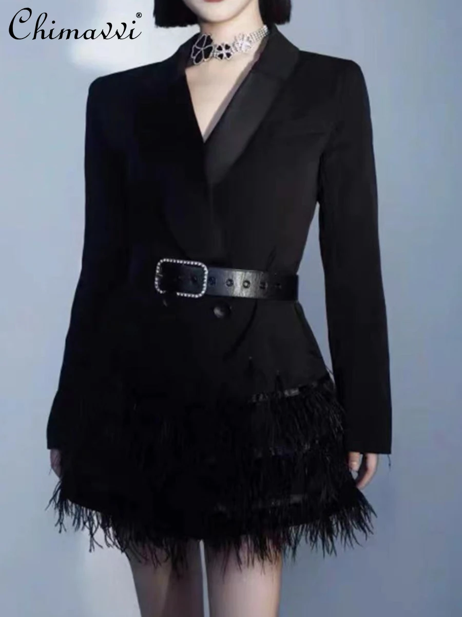 

Women's 2023 Winter Clothes New High-End and Fashionable Slim Suit Feather Decoration Dress Office Lady Long Sleeve Short Dress