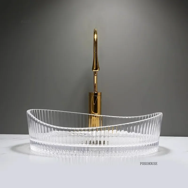 อ่างล้างจานห้องน้ําดีไซน์เพรียวบางที่ทันสมัยสําหรับคลับแสงหรูหราเคาน์เตอร์แก้วอ่างล้างหน้าสําหรับห้องน้ํา อ่างล้างจานนูนโปร่งใสระดับไฮเอนด์ 1