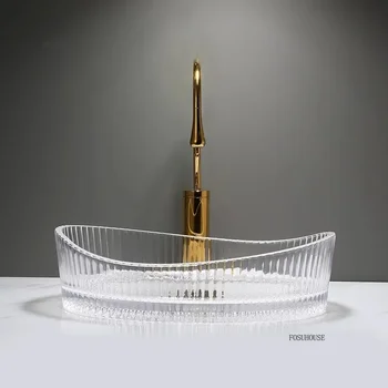 อ่างล้างจานห้องน้ําดีไซน์เพรียวบางที่ทันสมัยสําหรับคลับแสงหรูหราเคาน์เตอร์แก้วอ่างล้างหน้าสําหรับห้องน้ํา อ่างล้างจานนูนโปร่งใสระดับไฮเอนด์ 1