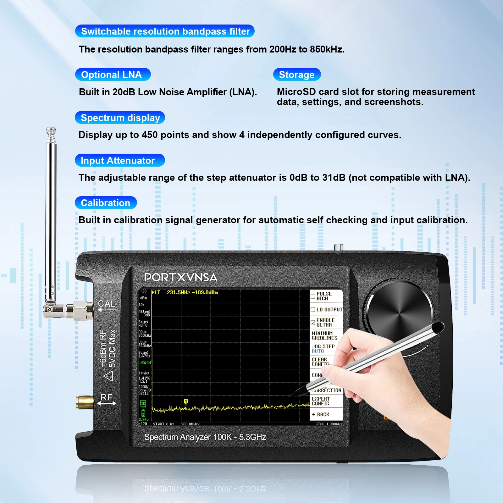 PORTXVNSA SA5 휴대용 스펙트럼 분석기 100KHz-5.3GHz 신호 발생기 4인치 IPS LCD RF 주파수 테스터 도구 내장 20dB