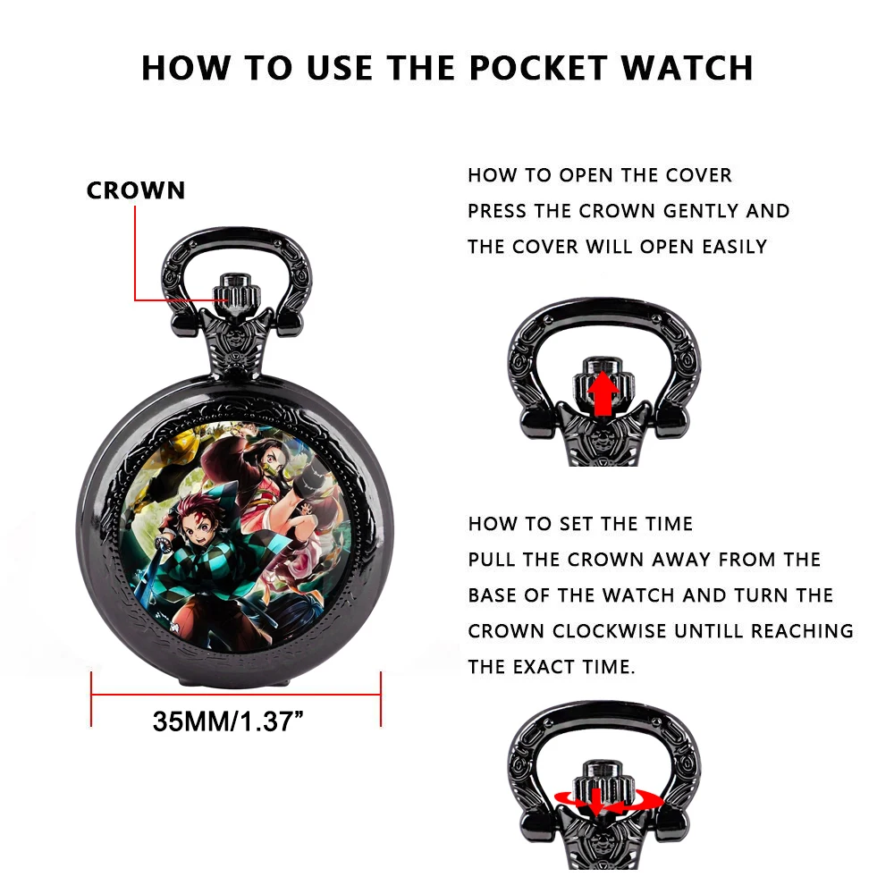 Demon Slayer Tanjiro Nezuko Quartz Pocket Watch for Women Men Necklace Unique Pendant Black Clock Chain Watch Gift Accessories