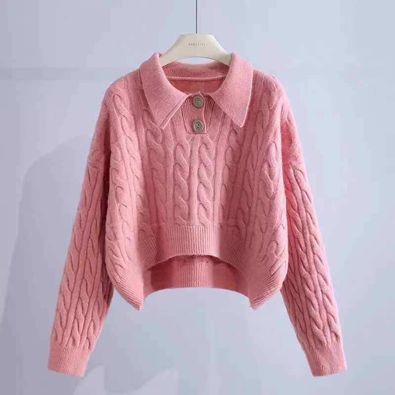 Autumn and Winter New Women's Long-sleeved Short Sweater Fashionable Polo Collar Button Pullover Knitted Sweater Knitwear