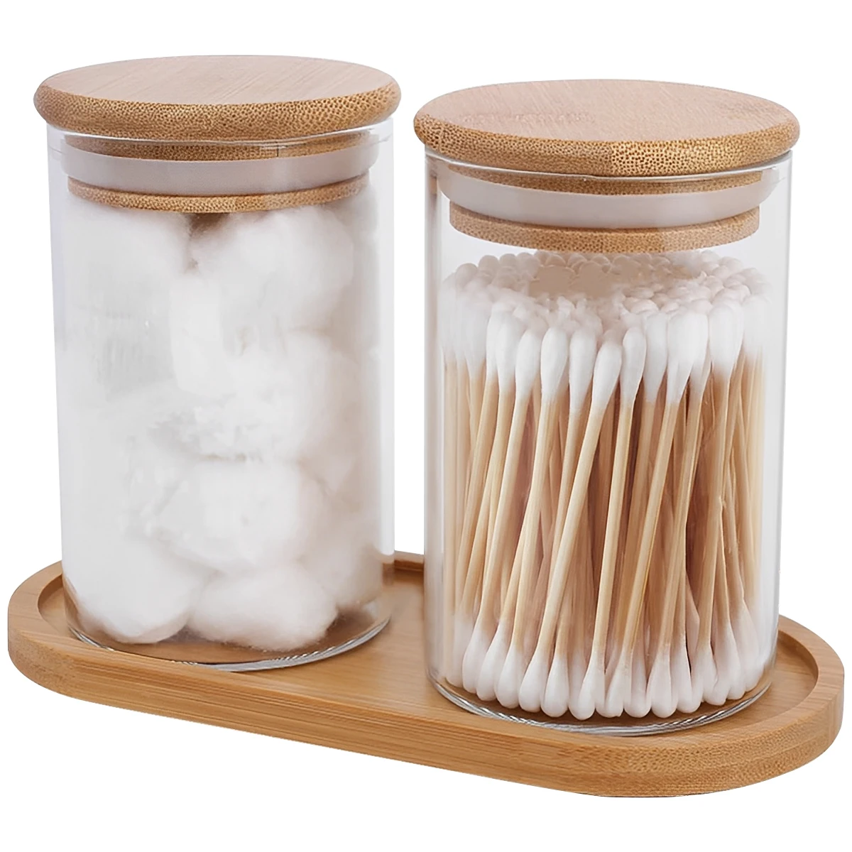 2Pcs Cotton Swab Holder with Bamboo Lid Tray 10 Oz Cotton Ball