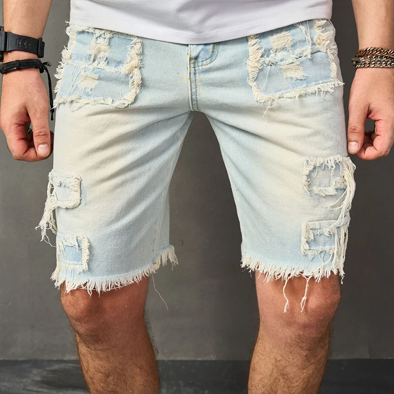 Y2K Style Ripped Design Mens Denim Shorts Summer Trendy Solid Color Slim Fit Jean Shorts Men Vintage Straight Denim Short Pant