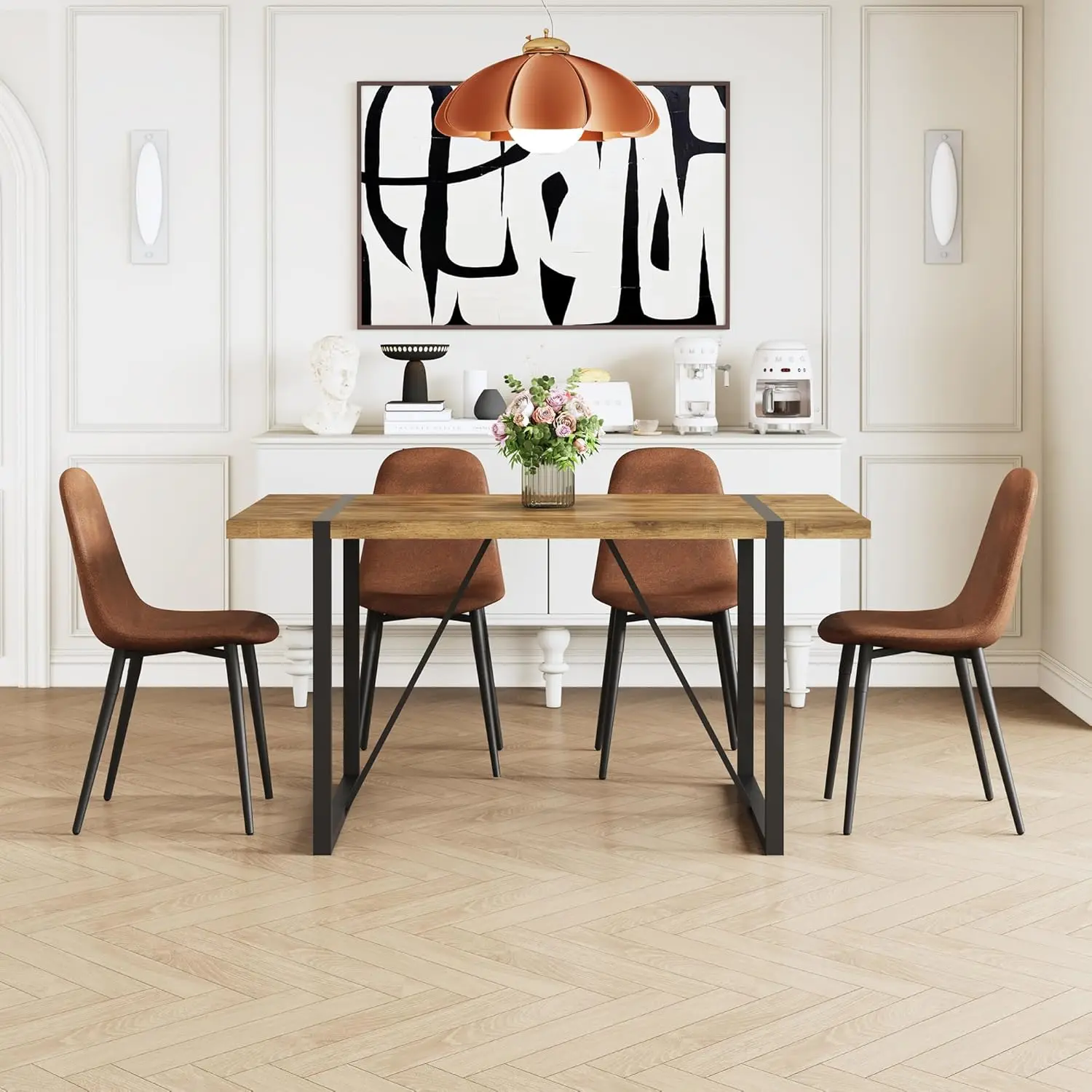 Description Picture 4 of itemPiece Dining Room Table Set for 4 People, Mid Century Modern 55 Inch Rectangle Wood Kitchen Dining Table with 4 Fabric Chairs