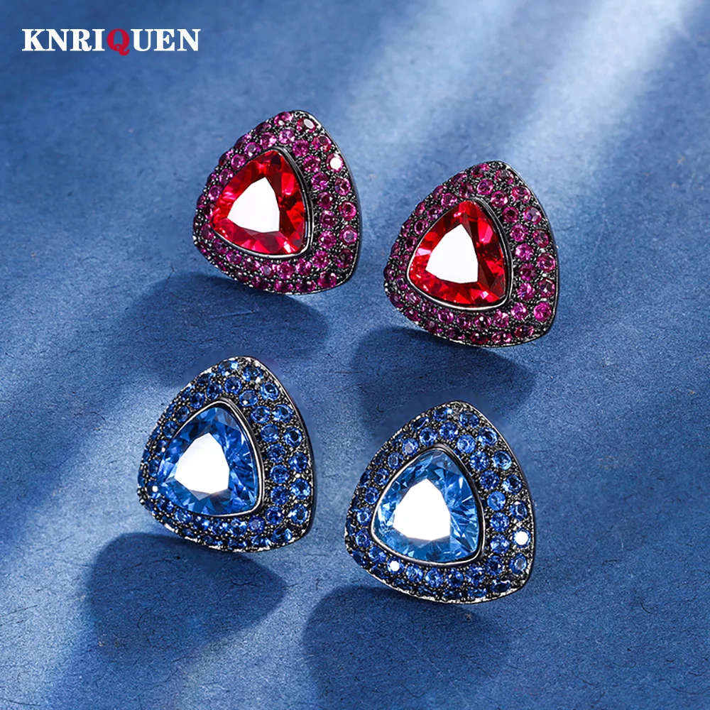 

New Trend Retro 9*9mm Ruby Sapphire Gemstone Stud Earrings for Women Lab Diamond Personality Fine Jewelry Statement Wholesale