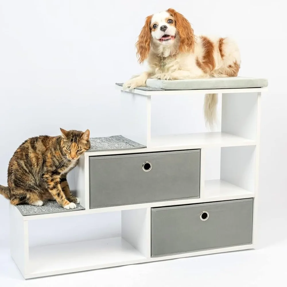 

PetFusion Pet Step Window Perch Bookshelf w/ Storage Baskets |28” Tall Dog & Cat Perch, 8” Stair Height |Multi-Functional Modern