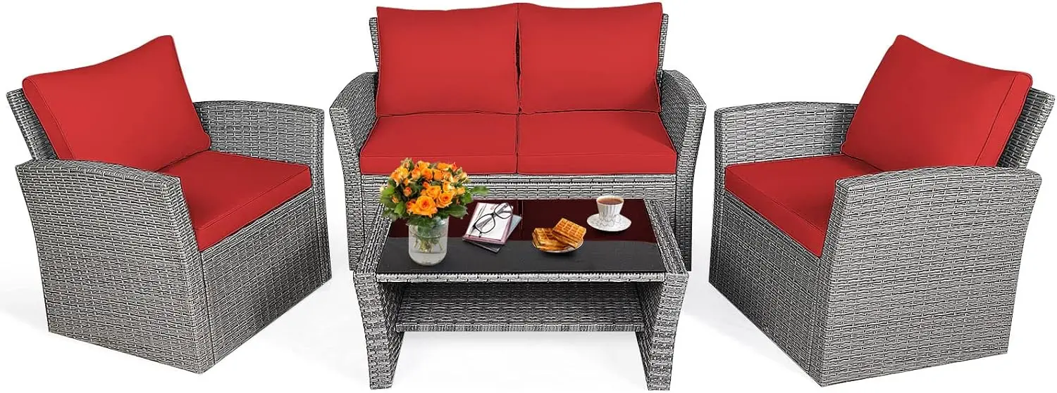 

4 Pieces Patio Furniture Set, All Weather Outdoor Sectional Rattan Sofa Set with Cushions & Tempered Glass Table, Wicker