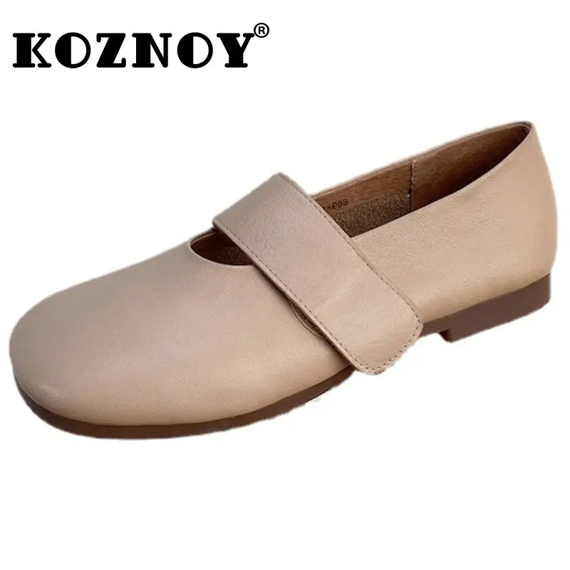 

Koznoy 1.5cm Retro Ethnic Cow Natural Genuine Leather Round Toe Shallow Hook Moccasins Female Summer Women Soft Soled Flat Shoes