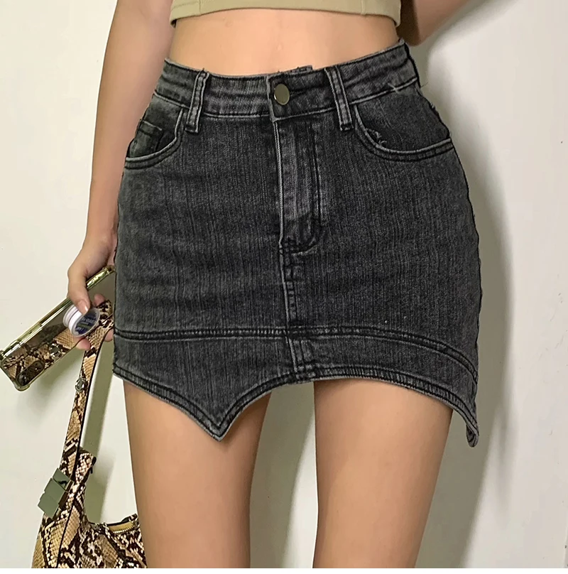 QOERLIN Shorts Skirts Women Summer Irregular Denim Skirts Skinny Slim Korean-style Wide Leg Trendy Chic Solid Jeans Saia Mujer biker shorts