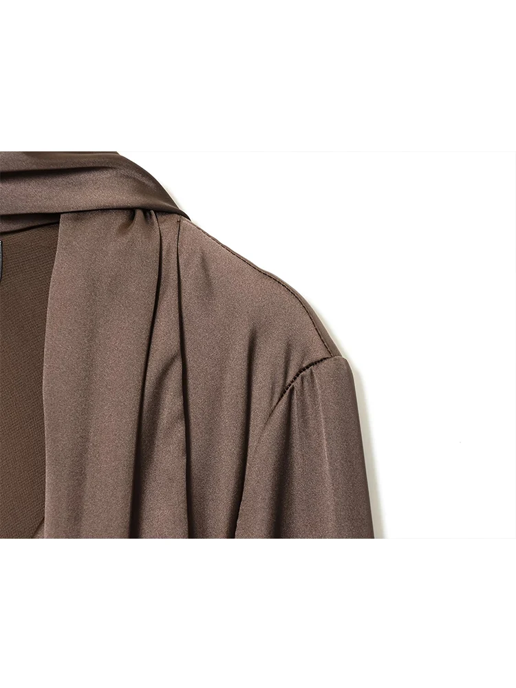 New Women's Scarf Collar Party Dress Solid V Neck Flare Long Sleeve Mini Dress Summer Satin Elegant Chic Ladies Fashion Dress