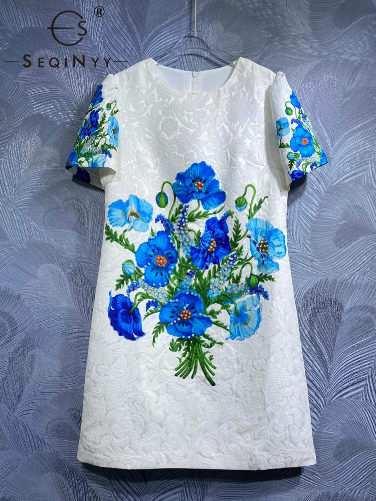 

SEQINYY Elegant White Mini Dress Summer Spring New Fashion Design Jacquard Beading Short Sleeve Blue Flower Print Casual