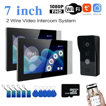 Two-Wire video Intercom System Tuya Wireless Wifi Video Intercom 1080P Video Doorphone 2PCS 7" Color Touch Screen Doorbell 1