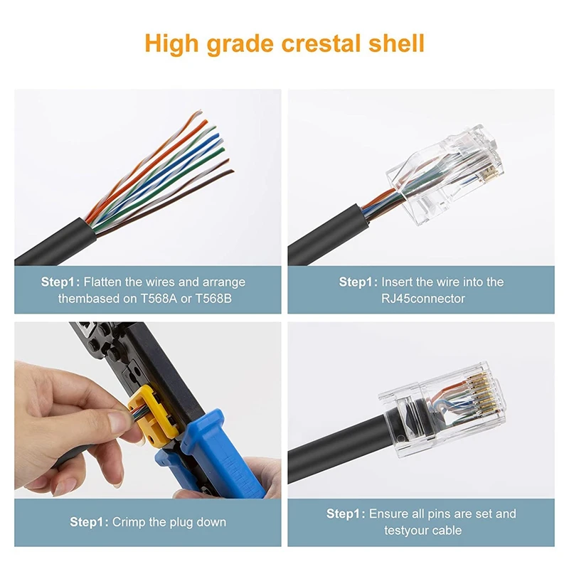 UTP 네트워크 플러그 커넥터 100 팩, CAT6 RJ45 엔드, CAT5 CAT5E CAT6 연선 케이블, 솔리드 크리스탈 헤드, 8P8C