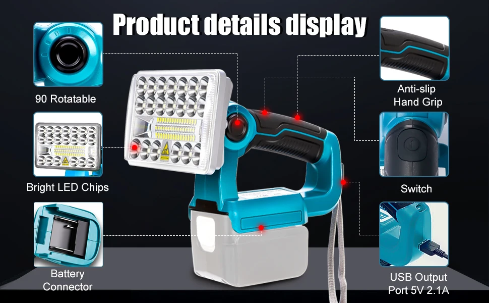 2000LM Cordless LED Work Light Powered by Makita 18V MAX LXT Li-Ion Battery Flas