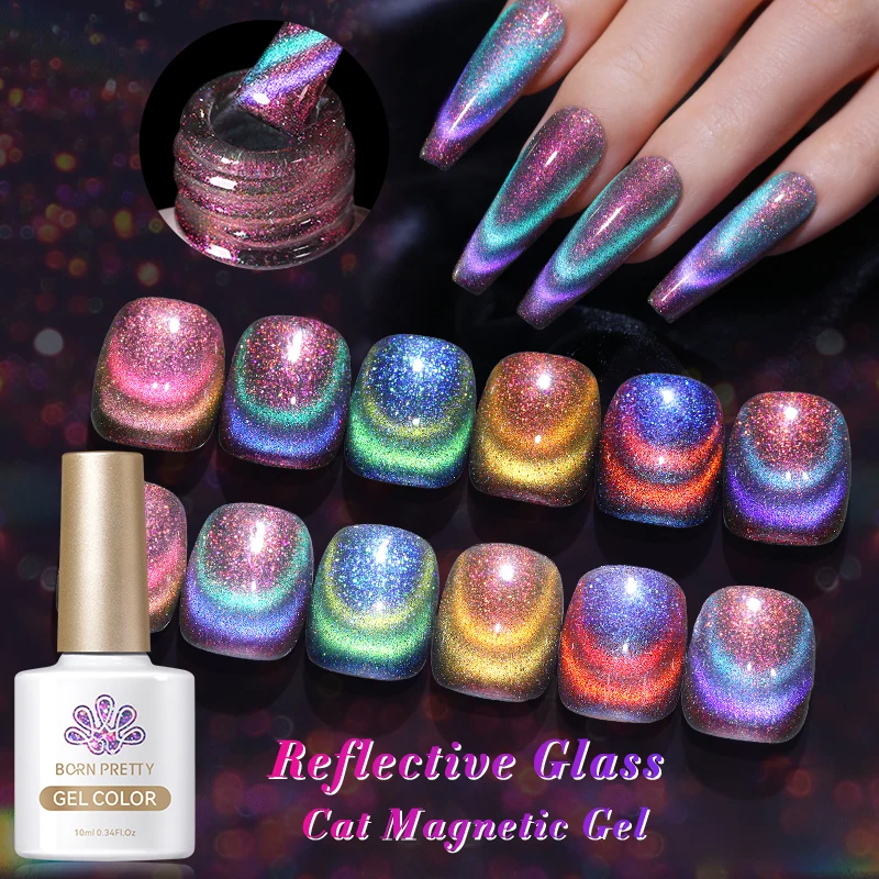 BORN PRETTY 10ml Double Light Reflective Glass Cat Magnetic Gel Sparkling Rainbow Color Gel Nail Polish Varnis Semi Permanent images - 6