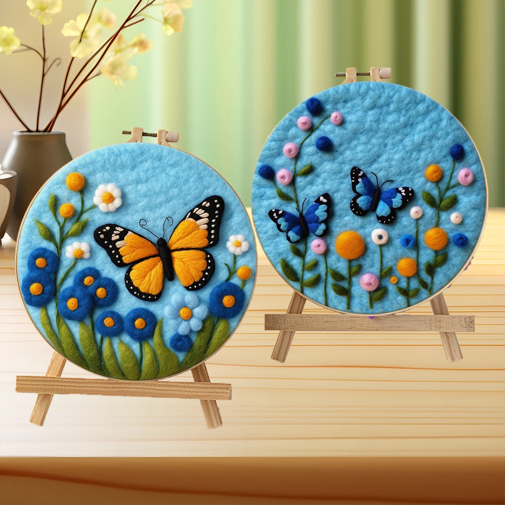 Wool Felting Kit 20x20cm Frame with Butterfly Needle Felting Painting for Beginner