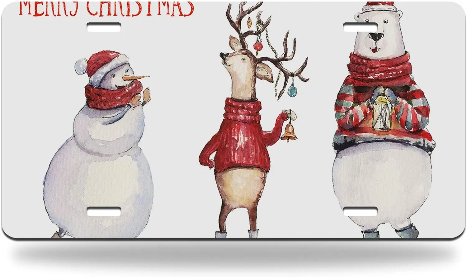 

Watercolor Christmas License Plate Cute Snowman Deer Bear Animal Character Holly Holiday 6x12inch Standard Size License Plate