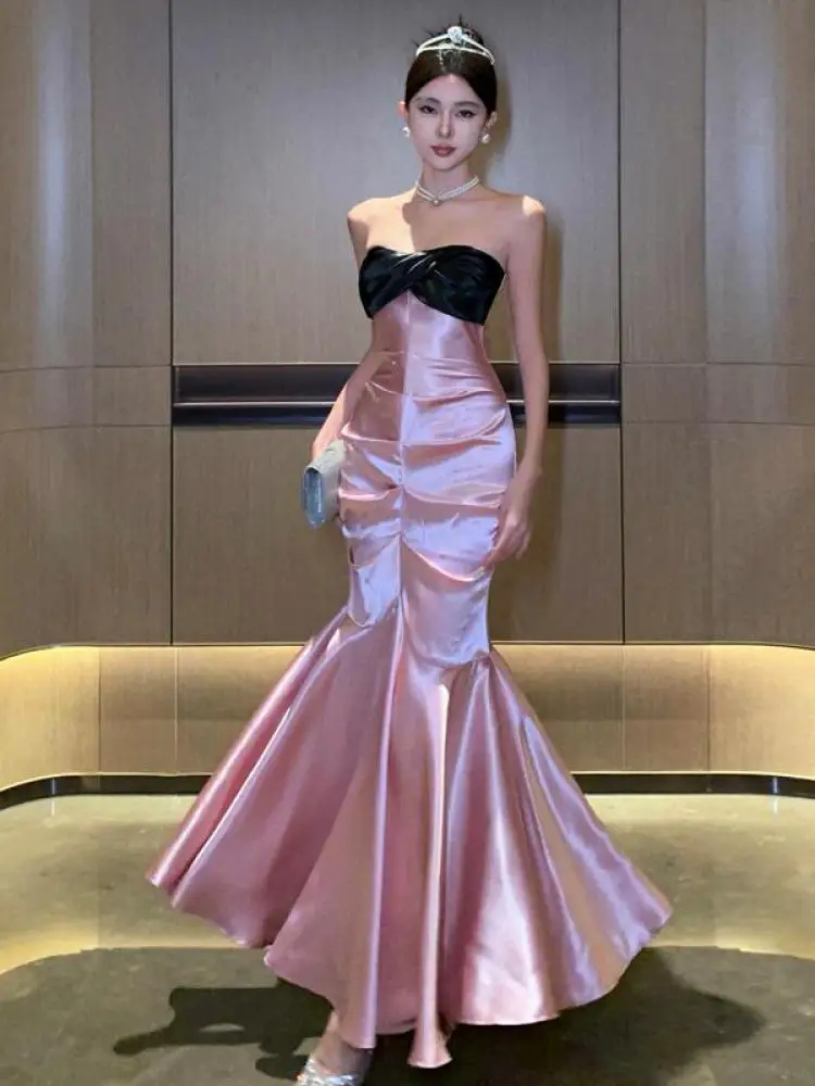 

Pink Black Patchwork Wrapped Hip Fishtail Long Dress Women Elegant Sleeveless Party Summer Backless Pleated Evening Dresses New