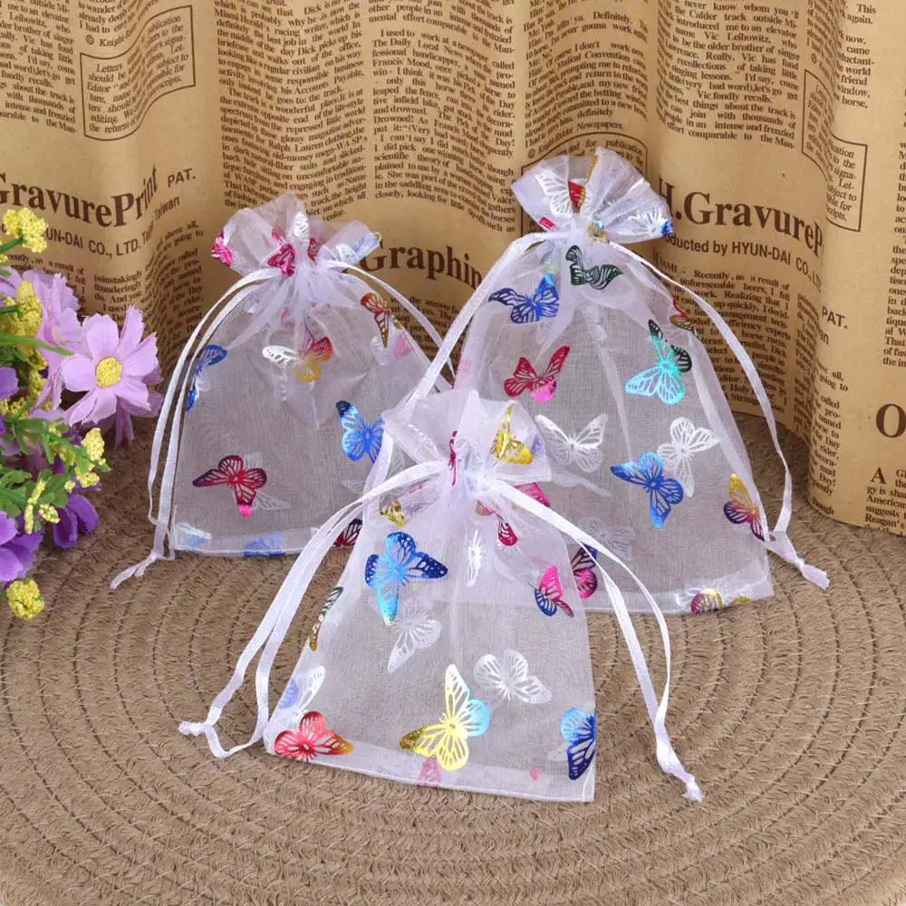 25pcs borsa per gioielli in Organza a farfalla abbagliante 9x12 10x15 13x18cm borsa regalo con coulisse festa di nozze sacchetti per esposizione regalo di natale