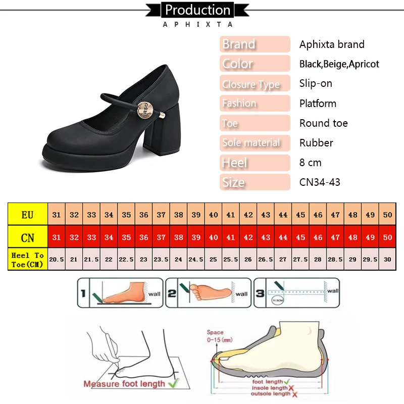 Aphixta Patent Leather 8cm High Heels Mary Janes Round Toe Platform Women Shoes Elegant Pumps Plus Size 43 tacones para mujer