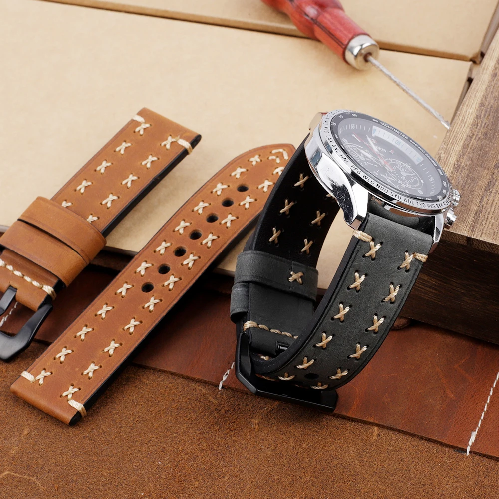 Handmade Watchbands 22mm 24mm Genuine Leather Vintage Watch Band Strap Black Buckle Men Women Watch Strap Belt Watch Accessorie