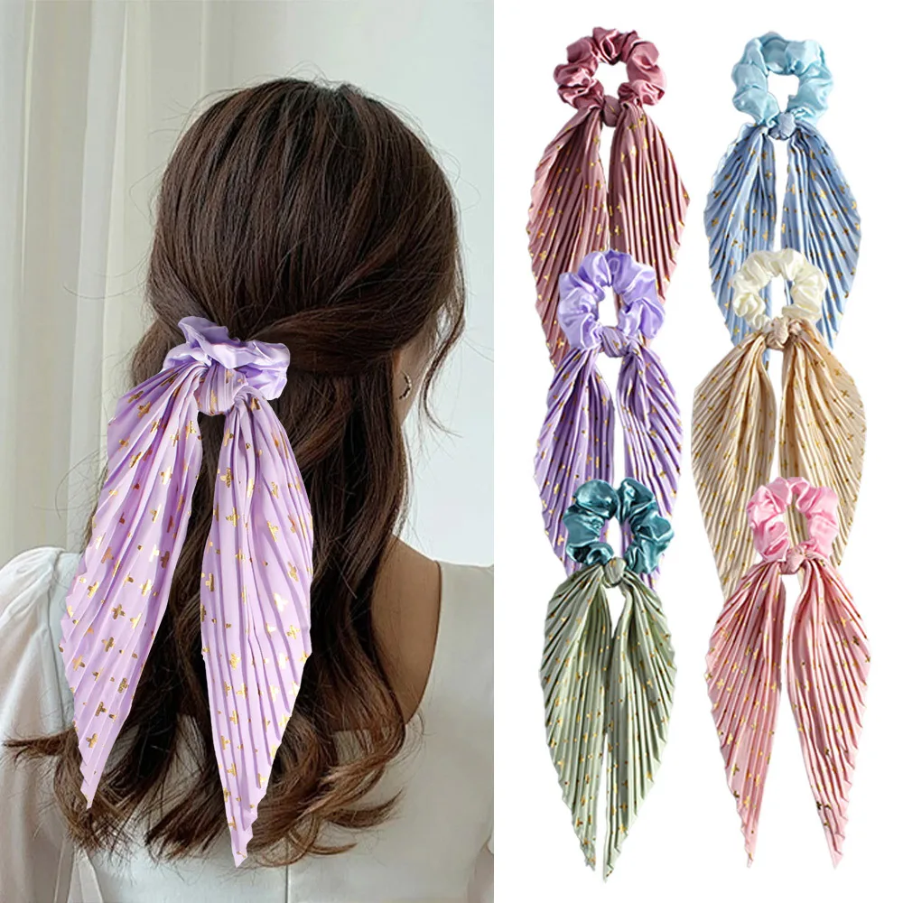 Elegant Handmade Creased Hair Scrunchie with Retro Ribbons - Stylish Hair Accessory