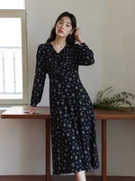 DUSHU Spring New Women Floral Chiffon Long Dress Lace-up V-Neck Design Female Print A-LINE Dresses 24DS81153+24DS82765