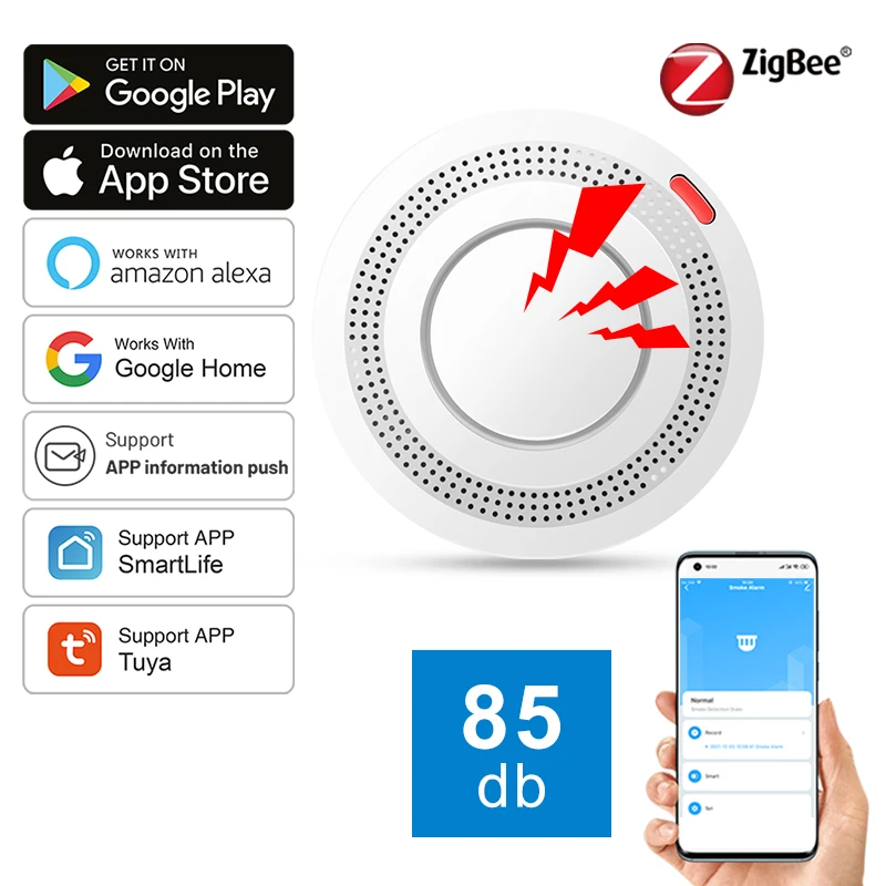 Tuya สมาร์ท Zigbee เครื่องตรวจจับควันแบบเรียลไทม์ APP Alerts & 85dB นาฬิกาปลุกสําหรับ Home/Office ไร้สายติดตั้งง่าย & Low Powe 1