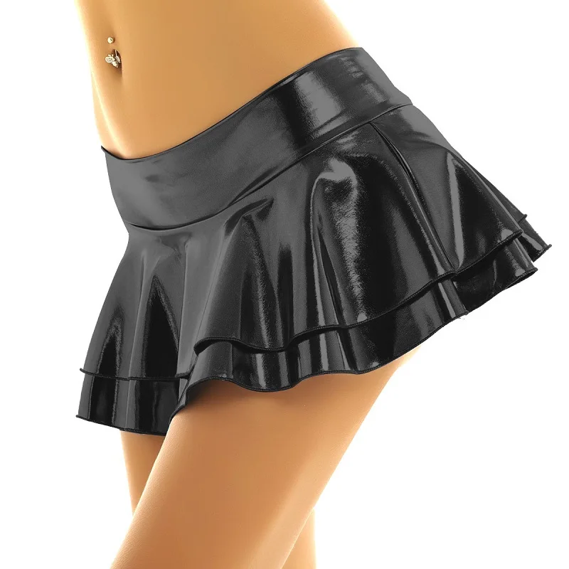 Women PU Faux Leather Solid Color Pleated Micro Mini Skirt High Waist Sexy Short Skirts Party Clubwear Costume Lingerie 3