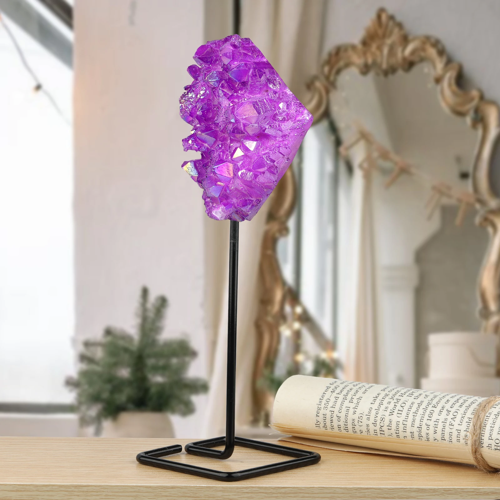 Natural Rough Aura Crystal Cluster Irregular Electroplating Titanium Coating Rock Quartz With Stand Ornaments Room Decor Gift