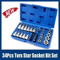 Professional 34pcs Torx Bit Socket & E-Torx Star Socket Set 1/4" 3/8" 1/2" Drive Male Female E-torx Bits Handheld Tool with Case 1