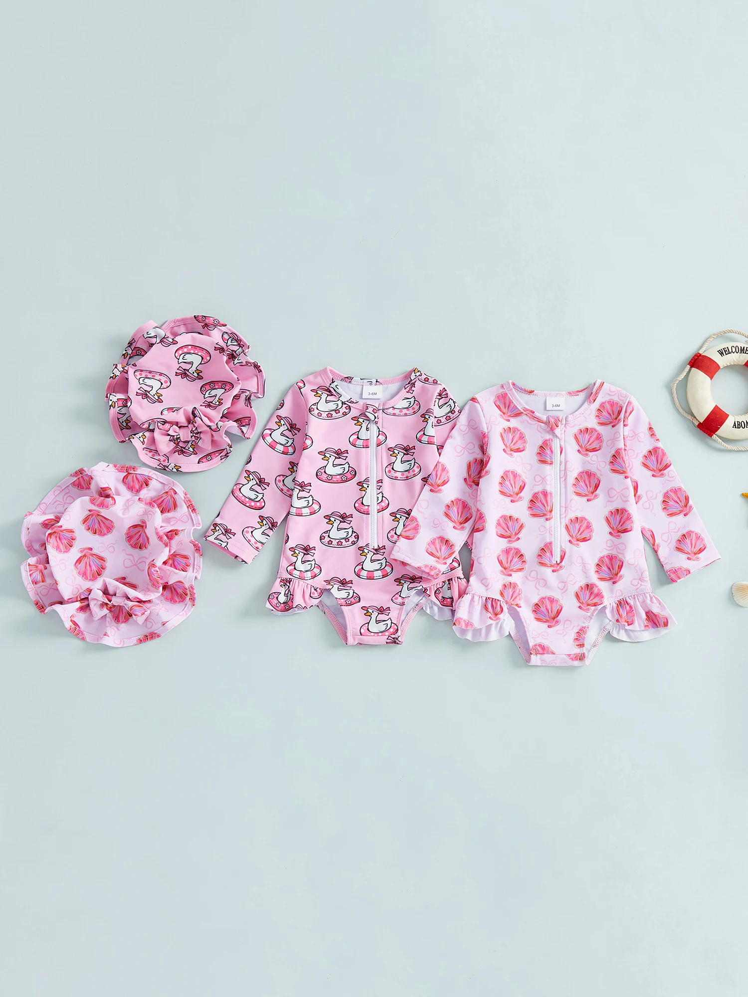 2Pcs Toddler Boys Swimsuit Set Shark Anchor Print Crew Neck Long Sleeve Zipper Rash Guard Swimwear and Sun Hat