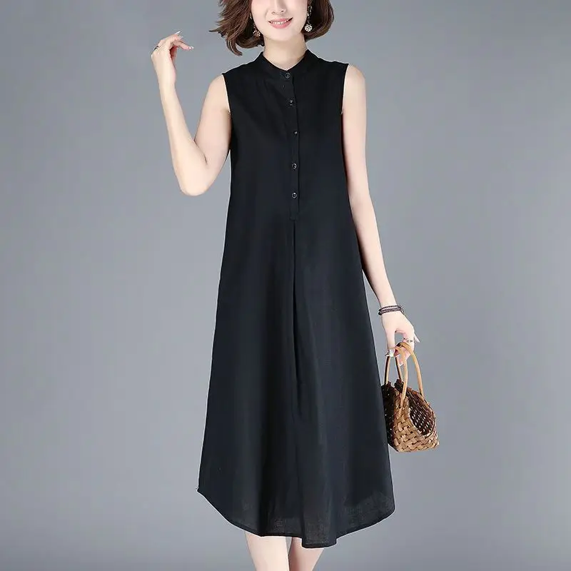 

Летнее женское однотонное платье из хлопка и льна без рукавов