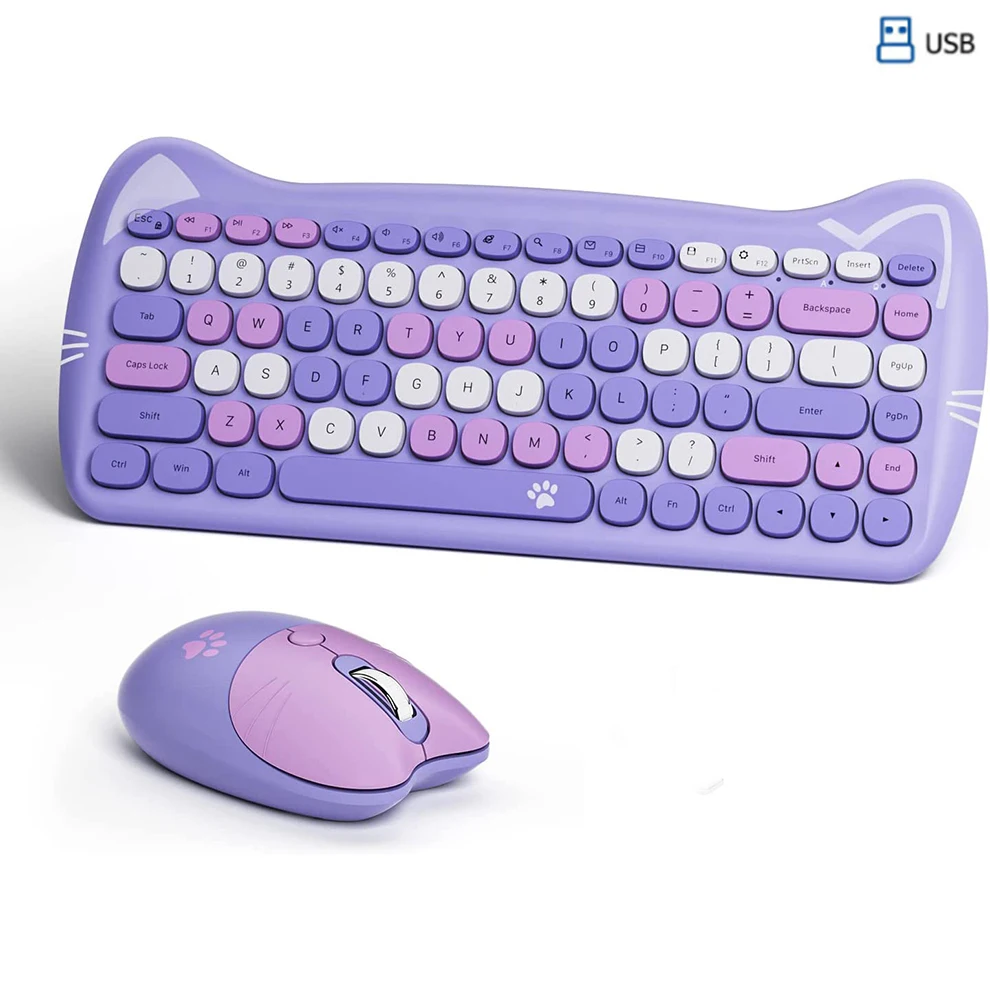 

Moffi Wireless Keyboards and Mice Combos, Colorful Cute Cat Pattern Compact Size 84keys Keyboard, 2.4G Nano for Windows MAC OS