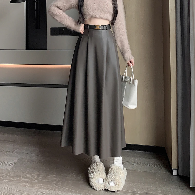 PU Leather Skirt 2023 Autumn Winter Women Skirt High Waisted A-line Skirt Korean Style Long Skirt Female Clothing Pleated Skirt