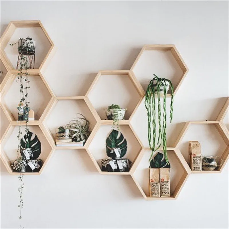 

INS New Kids Baby Nordic Style Wooden Hexagon Storage Shelf Decorative For Kids Room Chamber Shelf Bookshelf Design