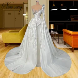 Arabic One Shoulder Wedding Evening Dresses Custom Made Beaded Pearls Women Dress For Party Night Dubai Long Celebrity Prom Gown
