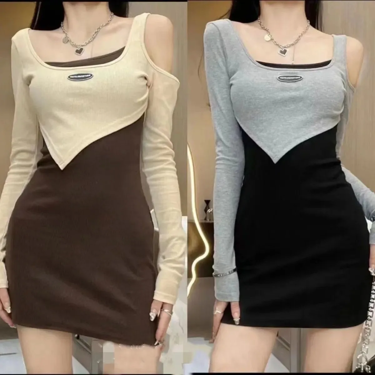 

Women's Slim Above Knee Dress Off-shoulder Sexy Asymmetrical Fake Two-piece Long-sleeved Square Collar Patchwork Pullover Spring