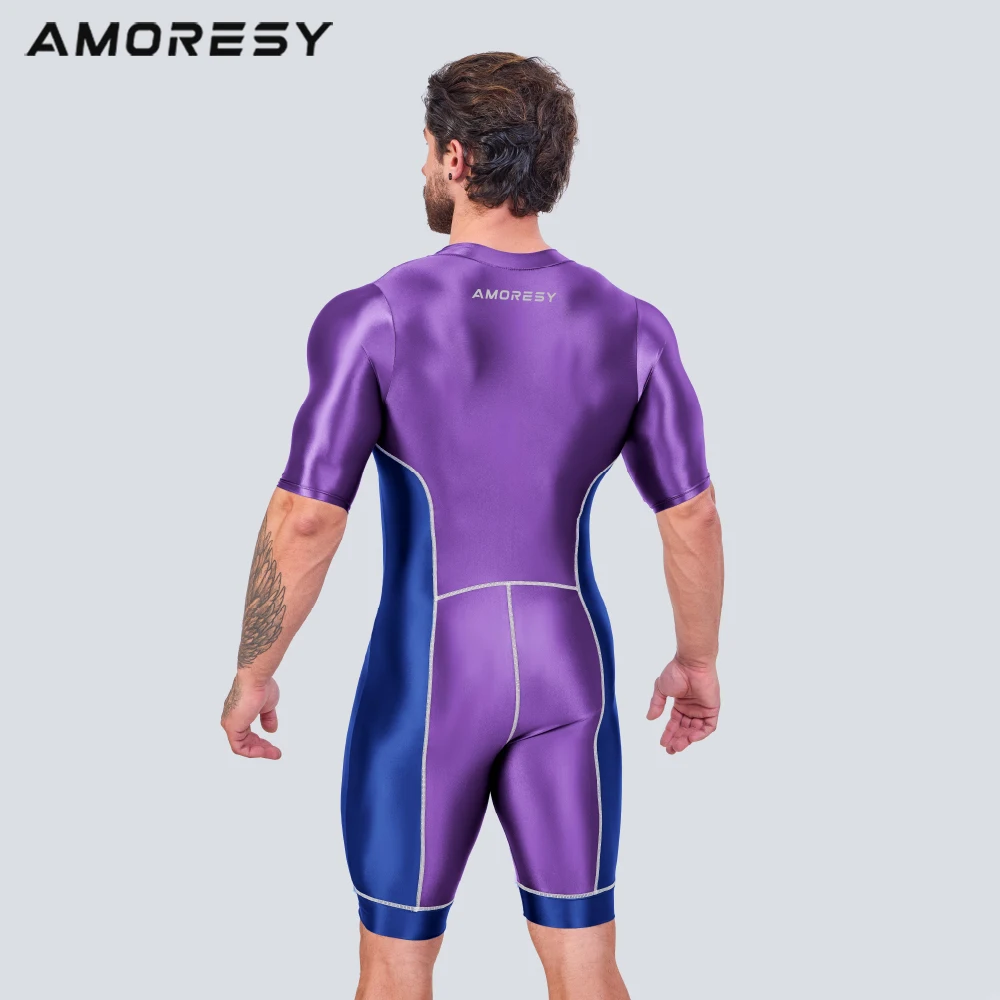 Men Satin Glossy Oil Catsuit Swimming Running Half Sleeve Bodysuits Racing Cycling Tracksuits Overalls Fitness Jumpsuits AMORESY sports suit