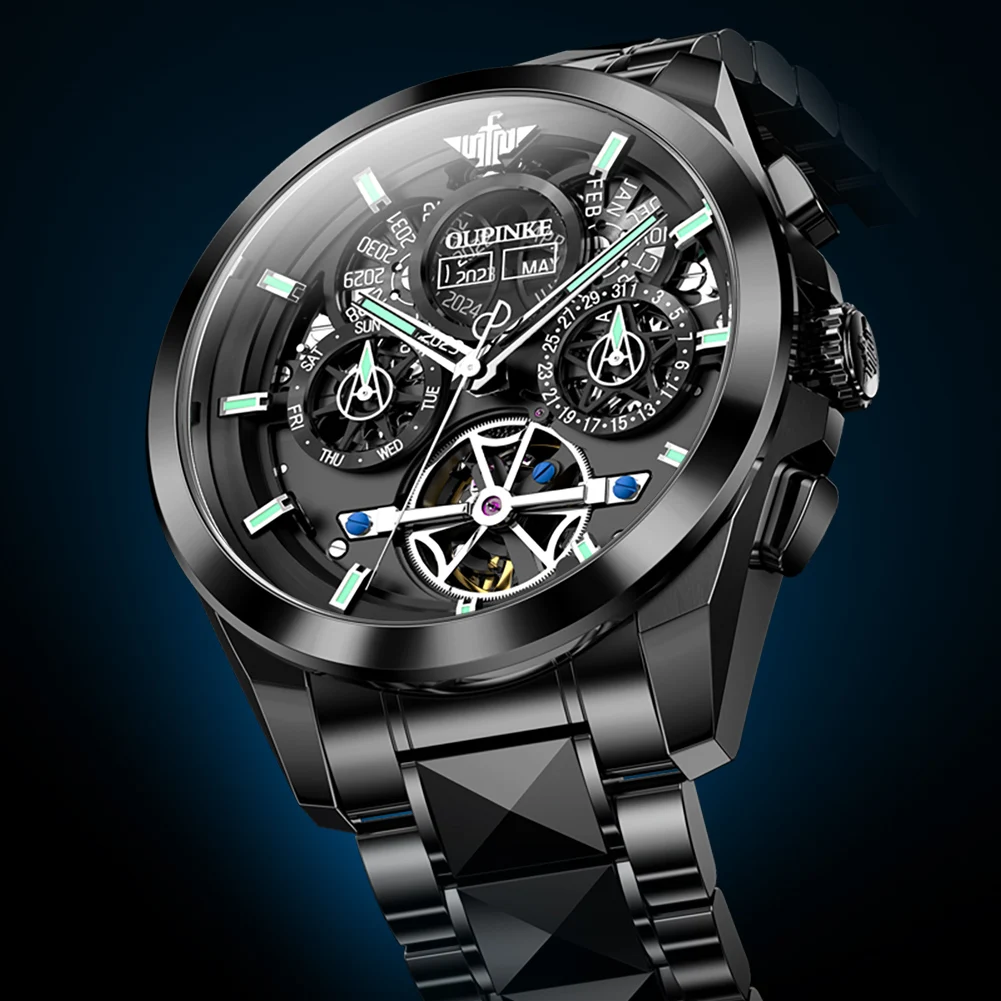 

OUPINKE Top Brand Luxury Tourbillon Mechanical Watch for Men Fashion Black Steel Waterproof Date Automatic Watch Reloj Hombre