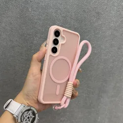 MagSafe Matte Translucent Wrist Strap Phone Case with Magnetic Cover - Galaxy S26+ (Pink GS)