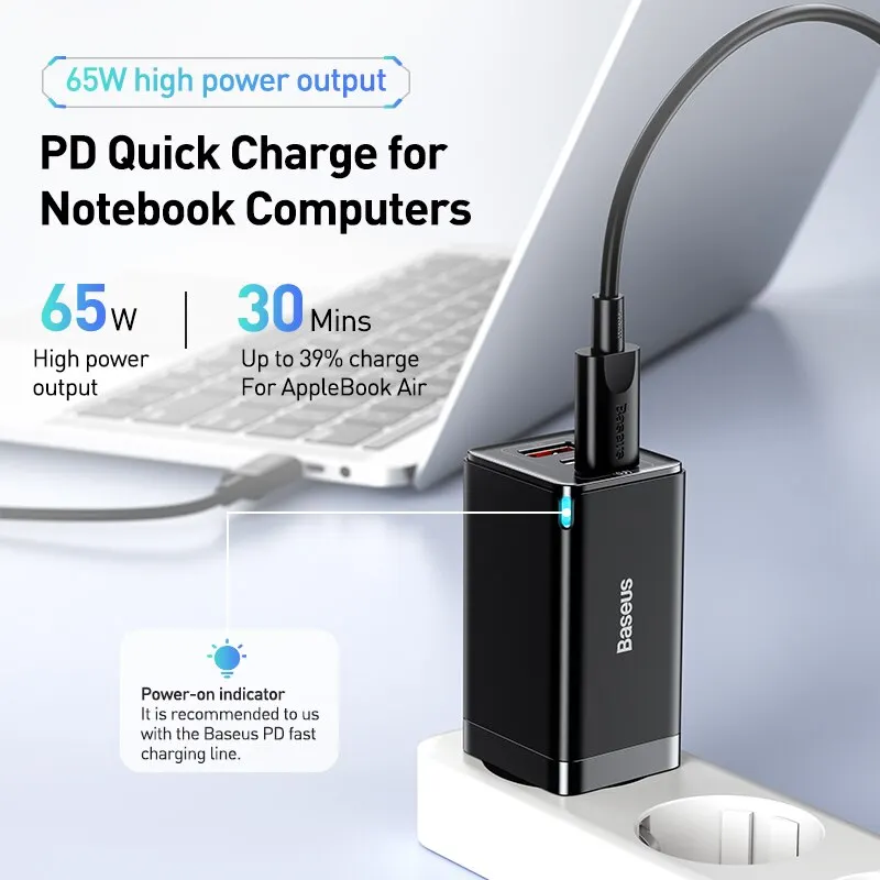 Baseus GaN 고속 충전 4.0 3.0 C타입 PD USB 충전기, 휴대용 QC4.0 3.0 고속 충전기, 노트북 아이폰 14 13 용, 65W