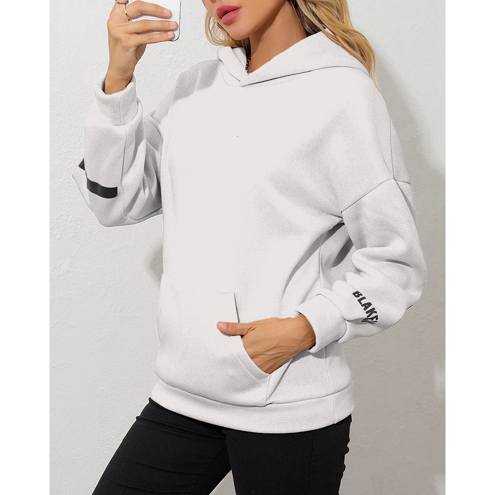 New Women Fashion Letter Print Hoodie Pullover Femme Casual Pocket Design Sweatshirt Top Steetwear Long Sleeve Loose T Shirts
