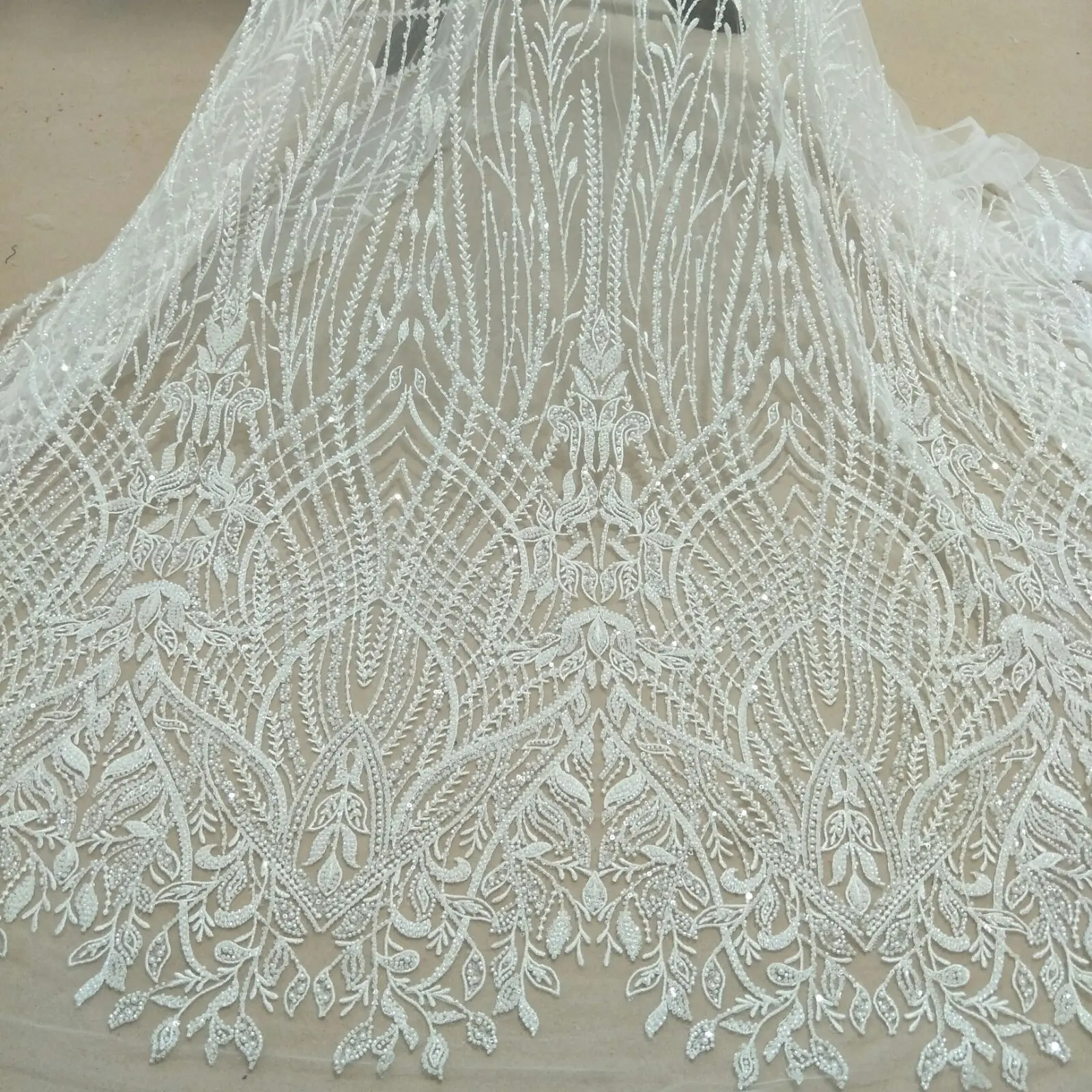 heavy beading wedding gown dress lace fabric 130cm width ivory beading lace sell by yard
