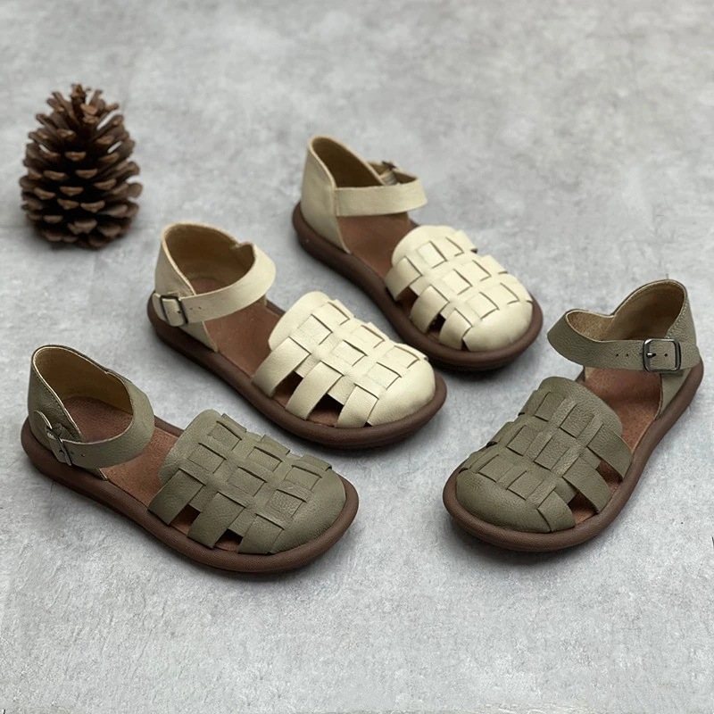 

Cowhide Flat Sandals Retro Nostalgic Leather Woven Women Shoes Healthy and Breathable In Summer