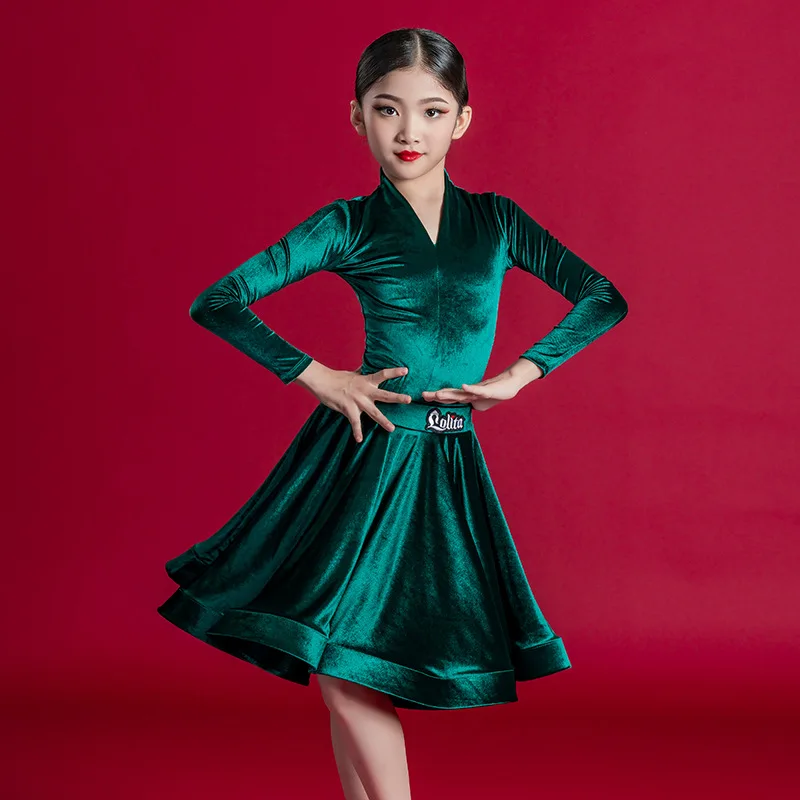 Children Girl Velvet Latin Dance Dress Rumba Tango Salsa Dance Dress Kids Professional Performance Practice Latin Dance Costume