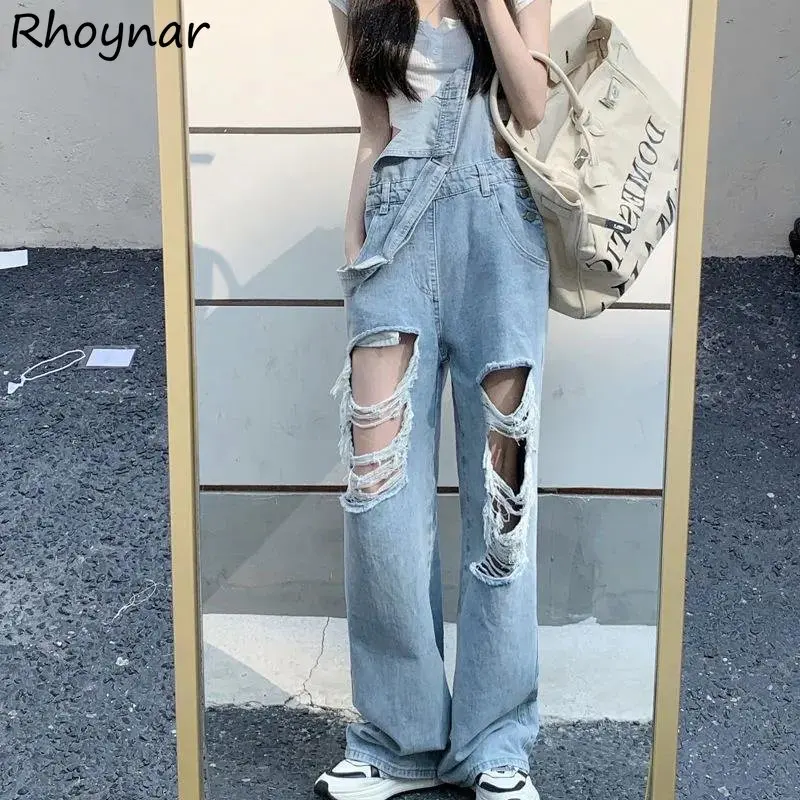 

Jumpsuits Women Hole Streetwear Distressed Denim Preppy Style Summer Strap Design Leisure Korean Fashion Daily Overalls Harajuku