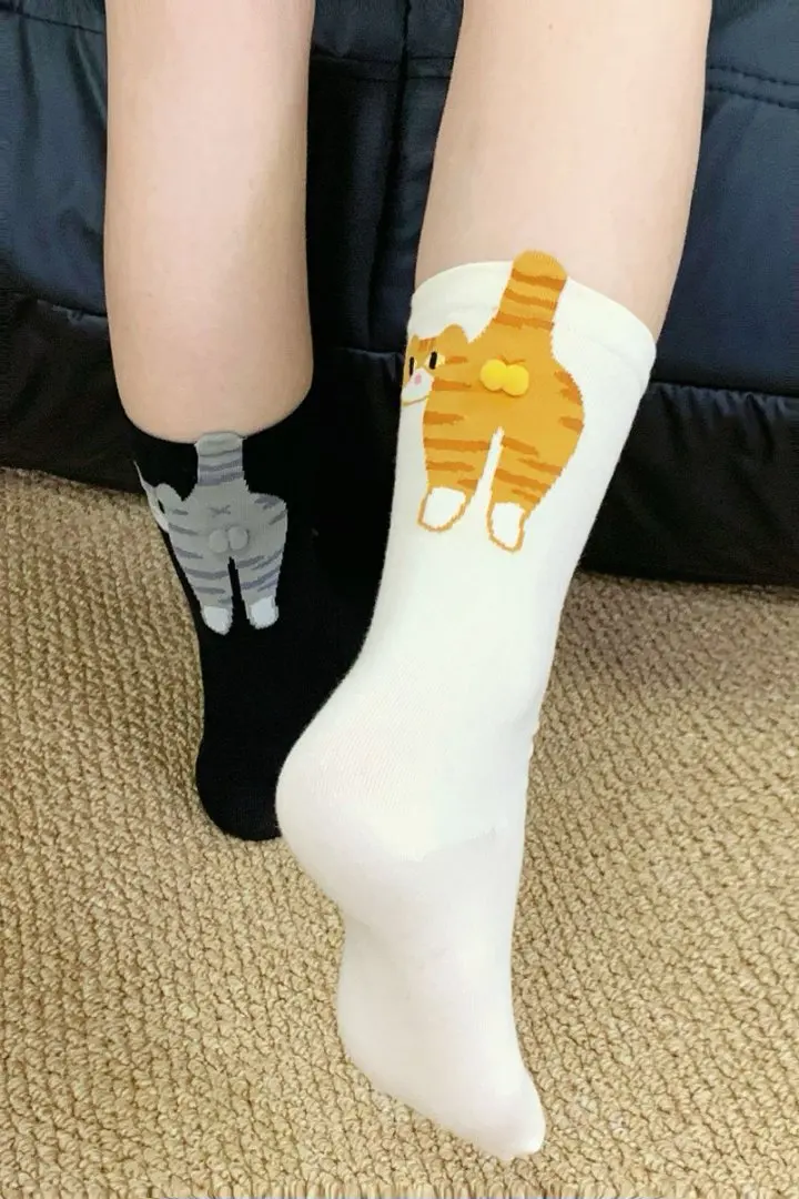 1/2/4 Paar Lustige Damensocken mit Abstraktem 3D-Katzen-Ei-Muster, Weiche Bequeme Katzen-Po-Bedruckte Niedliche Mittellange Socken – Detail 8